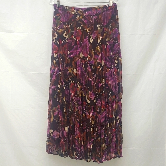 Purple Tiered Maxi Skirt Moody Floral Print Lined Whimsigoth Forest Fairy - Picture 10 of 10